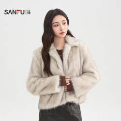 三福 加厚外套女2026新款冬季时尚毛绒保暖翻领宽松仿皮草上衣女装