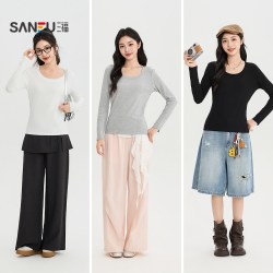 三福 女长T恤2026秋季新款长袖简约打底休闲柔软舒适U领上衣女装