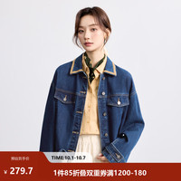 茵曼 纯棉复古撞色翻领牛仔外套 深牛仔蓝 S