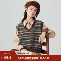 茵曼 保暖撞色条纹 V领针织马甲 咖啡绿 L
