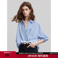 初语 棉感格纹长袖衬衫女2025春季复古衬衣翻领上衣薄款外套 蓝白格 M