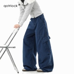 QOTRIOCK 法工蓝多口袋工装牛仔裤男女冬季潮复古水洗弯刀裤宽松廓形休闲裤