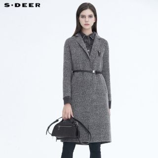 百亿补贴：S.DEER S·DEER圣迪奥女装时尚牛仔拼接收腰假两件毛呢大衣S20481802
