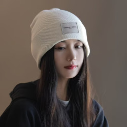炫之迪 贴布针织冷帽女秋冬简约字母标堆堆帽休闲护耳保暖针织帽