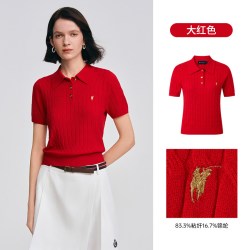 POLOWALK 女式短袖针织衫2026早秋新品翻领绞花短袖套头针织衫