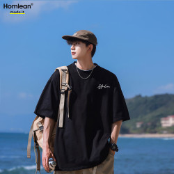 Homlean 短袖T恤男夏季宽松休闲印花半袖打底衫情侣装上衣H0018黑色S