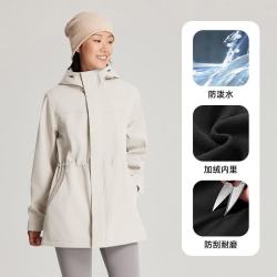 探拓 户外收腰连帽软壳衣女防风防泼水加绒中长款外套