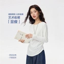 佐丹奴 2026秋纯棉一字领女式T恤显瘦收褶不对称下摆百搭长袖T恤女