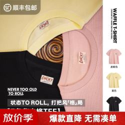 马登 工装美式复古华夫格圆领短袖t恤重磅阿美咔叽印第安印花上衣男秋 黑色  L