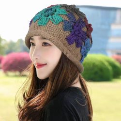 日系甜美手钩彩色立体花朵包头帽女秋冬保暖堆堆帽时尚针织毛线帽