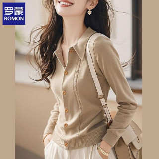 罗蒙 翻领针织开衫 卡其色 XL 女士毛衣外套
