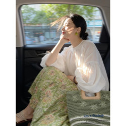 法式圆领灯笼袖白色防晒衬衫女春季新款洋气减龄防晒宽松显瘦上衣 上衣 3XL 推荐145-160斤