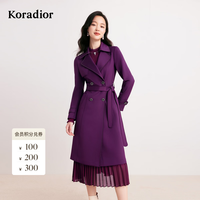 珂莱蒂尔 Koradior秋季新款撞色设计感双排扣中长款风衣外套 深紫红 S