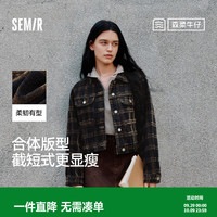 森马 森柔牛仔|牛仔外套女短款翻领做旧衣服秋复古夹克小个子街头 蓝咖色调00385 XL