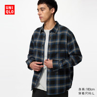 优衣库 法兰绒格子衬衫/长袖男装女装/衬衣空调衫486604 09 黑色 L
