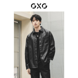 GXG 男装  城市回溯黑色柔软皮衣暗纹满印翻领衬衫外套秋季 黑色1 M