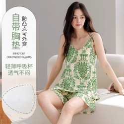 芯语婷薄荷曼波夏季带胸垫吊带睡衣云朵泡泡纱女士甜美气质家居服