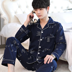 男士睡衣青少年纯棉春秋季长袖中老年全棉家居服夏季短袖大码套装