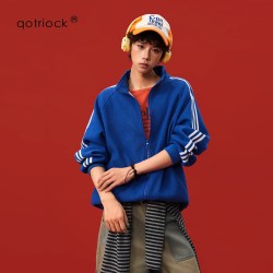 QOTRIOCK 美式复古龙鳞纹三条杠夹克男女秋季潮牌拉链开衫宽松痞帅运动外套