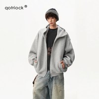 移动端：QOTRIOCK 潮牌美式加绒空气层连帽卫衣男女秋季重磅宽松双拉链开衫情侣外套