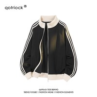 移动端：QOTRIOCK 美式三条杠撞色立领卫衣男女秋季潮牌学院风运动夹克宽松百搭外套