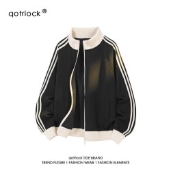 QOTRIOCK 美式三条杠撞色立领卫衣男女秋季潮牌学院风运动夹克宽松百搭外套