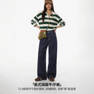 马登 美式复古丹宁蓝原色直筒阔腿水洗牛仔裤