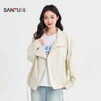 移动端：三福 女单外套2026秋季新款领带简约立领宽松风衣短款大衣女装