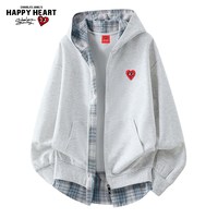 移动端：CHARLES JANG'S HAPPY HEART 美式拼接格子假两件外套男女春秋冬季慵懒连帽开衫卫衣