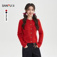 三福 红色开衫2026新款春季彩点纱圆领宽松披肩毛衣上衣女装516026