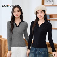 三福 打底衫女2026新款春季设计感Polo领修身坑条针织长袖上衣女装