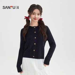 三福 彩点纱圆领宽松开衫毛衣