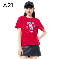 A21 新款春秋季休闲百搭短袖女装针织合体圆领短袖印花T恤衫上衣 大红 S