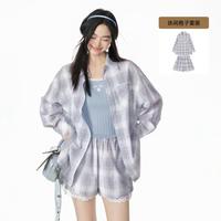 衣品天成 格纹套装女春秋学院风衬衫外套花边拼接短裤休闲两件套