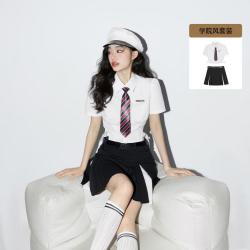 衣品天成 学院风套装女夏季辣妹修身短款衬衫撞色A字短裙两件套