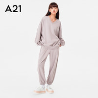 A21 春秋时尚运动女装高级感运动套装宽松休闲v领卫裤卫衣两件套 浅灰紫 S