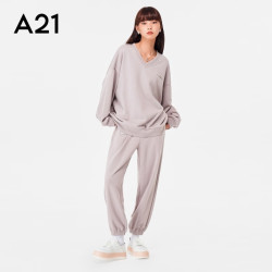 A21 春秋时尚运动女装高级感运动套装宽松休闲v领卫裤卫衣两件套 浅灰紫 S