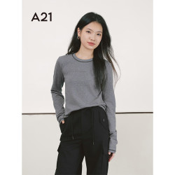 A21 女装圆领短款T恤2025春季新款韩版设计感明线字母直筒长袖上衣 花灰 M