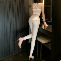 李李家 美臀裤子 白色恋人蝴蝶结小脚牛仔裤女2026秋季高腰修身显瘦