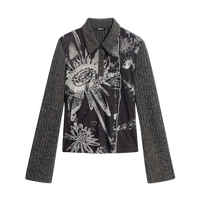 Desigual 26秋冬新品黑白花卉拼接翻领收腰长袖女式针织衫
