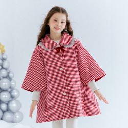 笛莎 童装女童25冬新款中大童千鸟格香风斗篷蝴蝶结外套