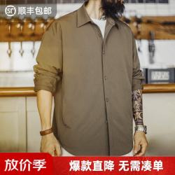 马登 工装美式复古猎装衬衫外套肘部拼接翻领正肩长袖薄款衬衣男春上衣 橄榄绿  L