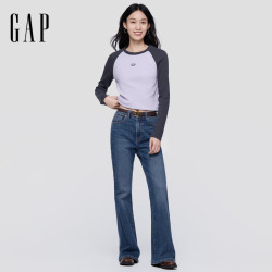 Gap 女装秋季款微弹中腰水洗合身经典喇叭牛仔裤休闲长裤793123 中度水洗