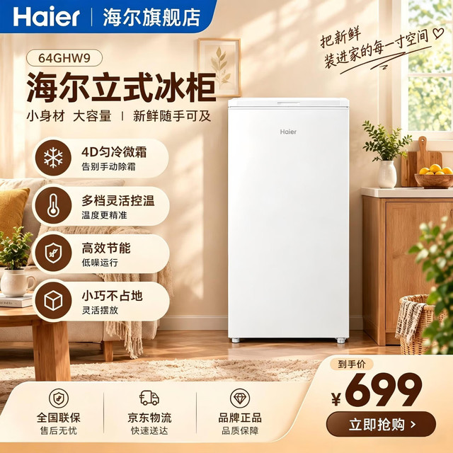 海尔 64升立式冷柜 电脑控温 微霜 家用冰柜