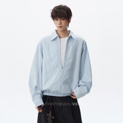 V37 美式假两件条纹长袖衬衫男秋季设计感衬衣高街百搭情侣上衣潮