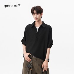 QOTRIOCK 老钱风轻奢树皮纹假两件短袖衬衫男夏季新款透气POLO衫高级感t恤