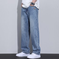 KUVINE 宽松阔腿水洗浅蓝色cleanfit牛仔裤男款美式复古直筒长裤子