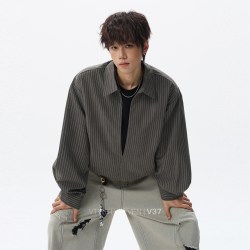 V37 美式解构假两件条纹衬衫男款秋季潮牌高级感宽松休闲长袖衬衣