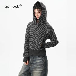 QOTRIOCK 480G重磅哈苏线条纹连帽卫衣男女秋季潮牌设计感开衫宽松休闲外套