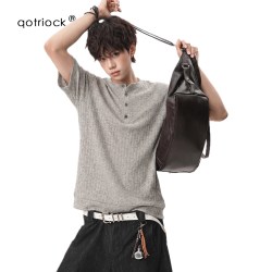 QOTRIOCK 老钱风坑条针织poloT恤男夏季新款亨利领短袖宽松人夫感半袖上衣